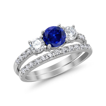 3-Stone Wedding Bridal Set Ring Round Simulated Blue Sapphire Cubic Zirconia 925 Sterling Silver